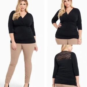 NEW Torrid Black Shirred Surplice Lace Inset 3/4 Sleeve Blouse Size 1X